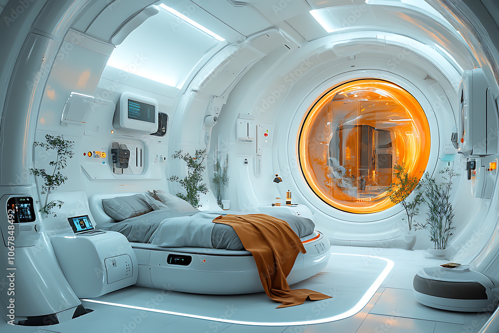 Poster futuristic scene featuring artificial intelligence, robot assistant, and smart devices in a modern h
