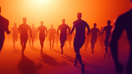 Fototapeta premium Silhouetted runners race toward a vibrant orange horizon at sunset, AI