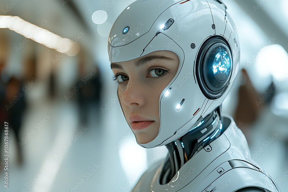Poster futuristic scene featuring artificial intelligence, robot assistant, and smart devices in a modern h