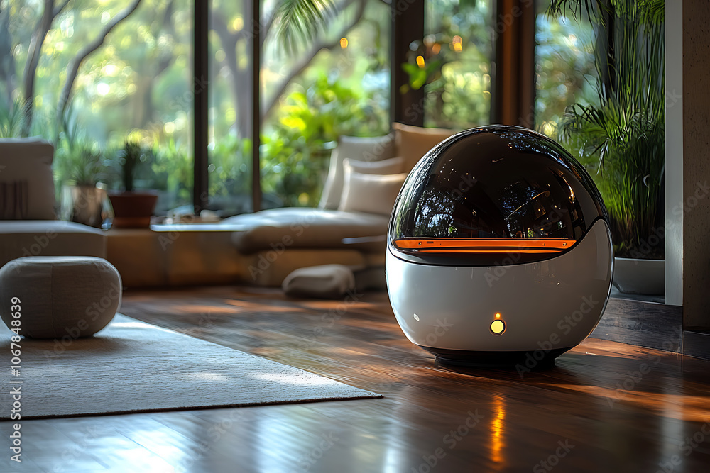 Poster futuristic scene featuring artificial intelligence, robot assistant, and smart devices in a modern h