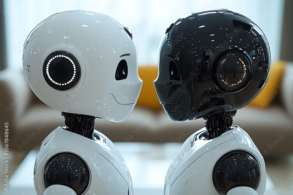 Poster futuristic scene featuring artificial intelligence, robot assistant, and smart devices in a modern h