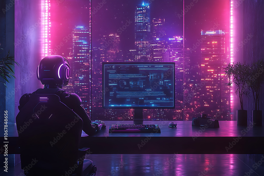 Poster futuristic scene featuring artificial intelligence, robot assistant, and smart devices in a modern h