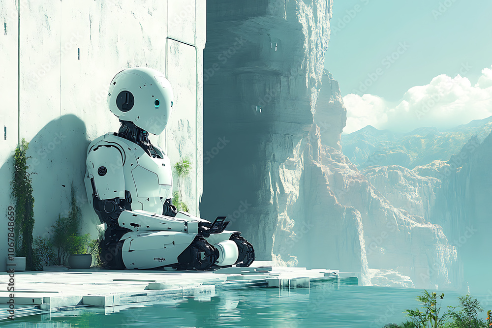 Poster futuristic scene featuring artificial intelligence, robot assistant, and smart devices in a modern h