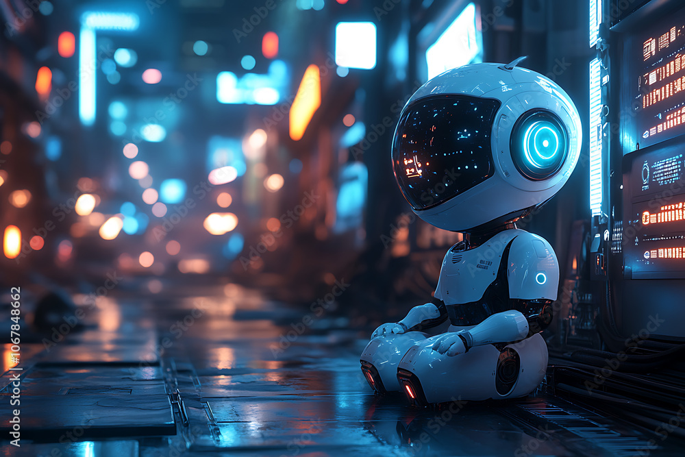 Poster futuristic scene featuring artificial intelligence, robot assistant, and smart devices in a modern h