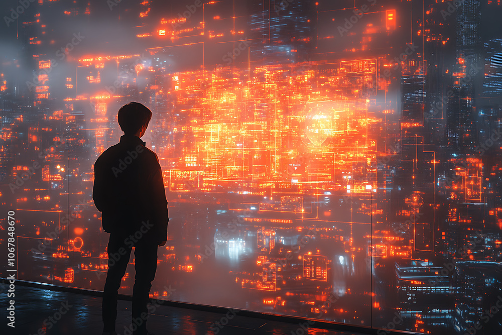 Poster futuristic scene featuring artificial intelligence, robot assistant, and smart devices in a modern h
