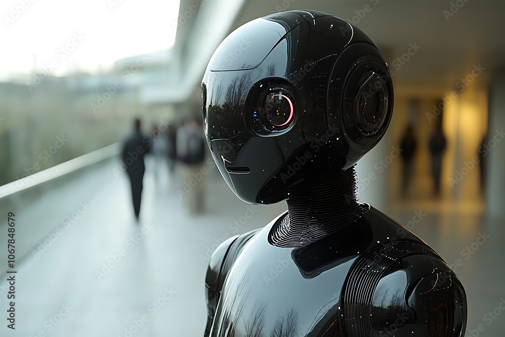 Poster futuristic scene featuring artificial intelligence, robot assistant, and smart devices in a modern h