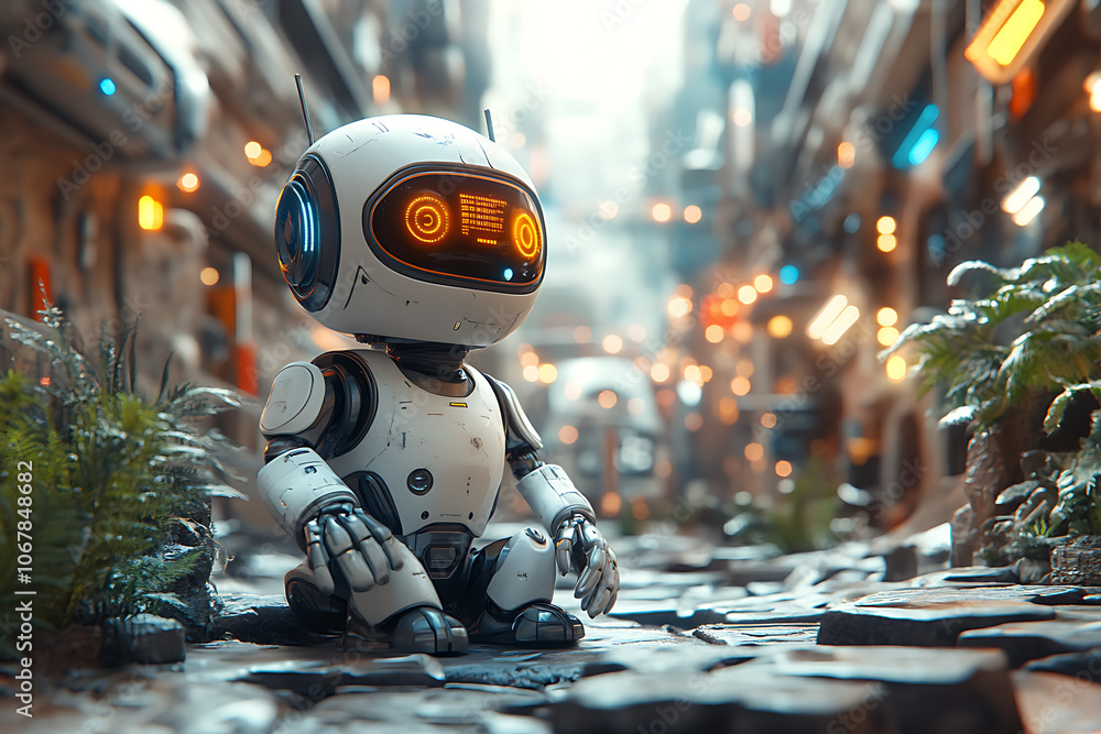 Poster futuristic scene featuring artificial intelligence, robot assistant, and smart devices in a modern h