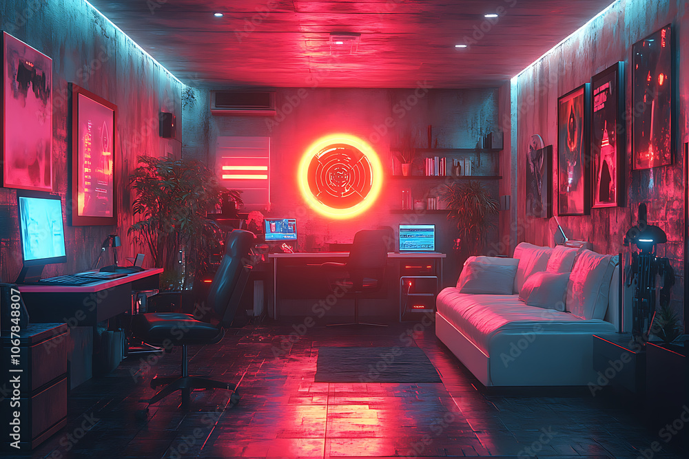 Poster futuristic scene featuring artificial intelligence, robot assistant, and smart devices in a modern h