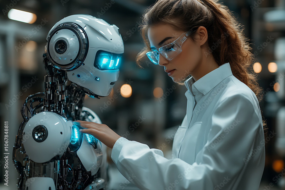 Poster futuristic scene featuring artificial intelligence, robot assistant, and smart devices in a modern h