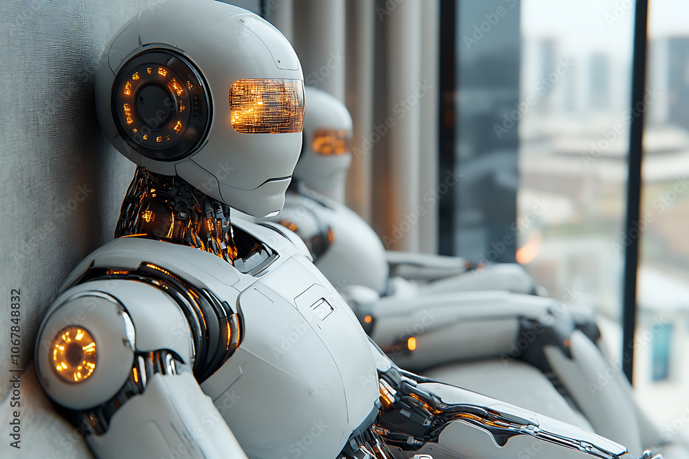 Poster futuristic scene featuring artificial intelligence, robot assistant, and smart devices in a modern h