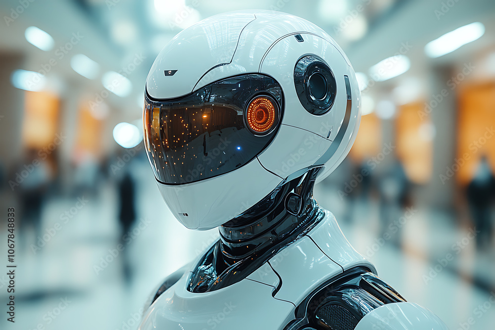 Poster futuristic scene featuring artificial intelligence, robot assistant, and smart devices in a modern h