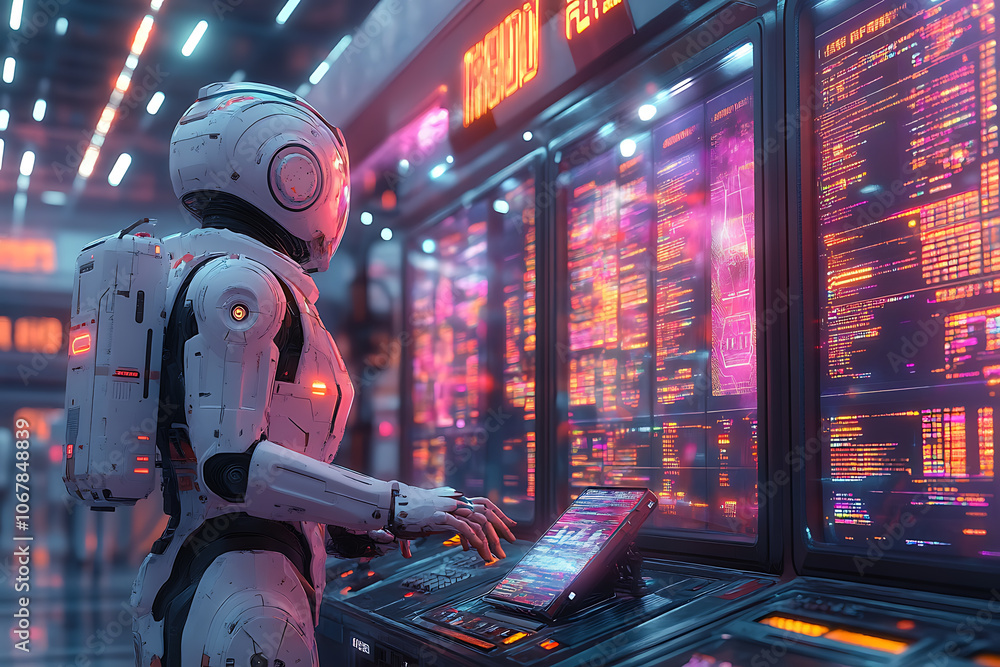 Poster futuristic scene featuring artificial intelligence, robot assistant, and smart devices in a modern h