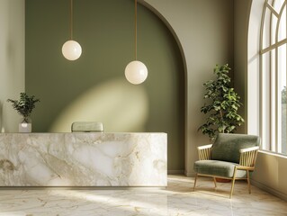 Modern minimalist reception area with a marble desk, beige walls, and a green wall. - ai