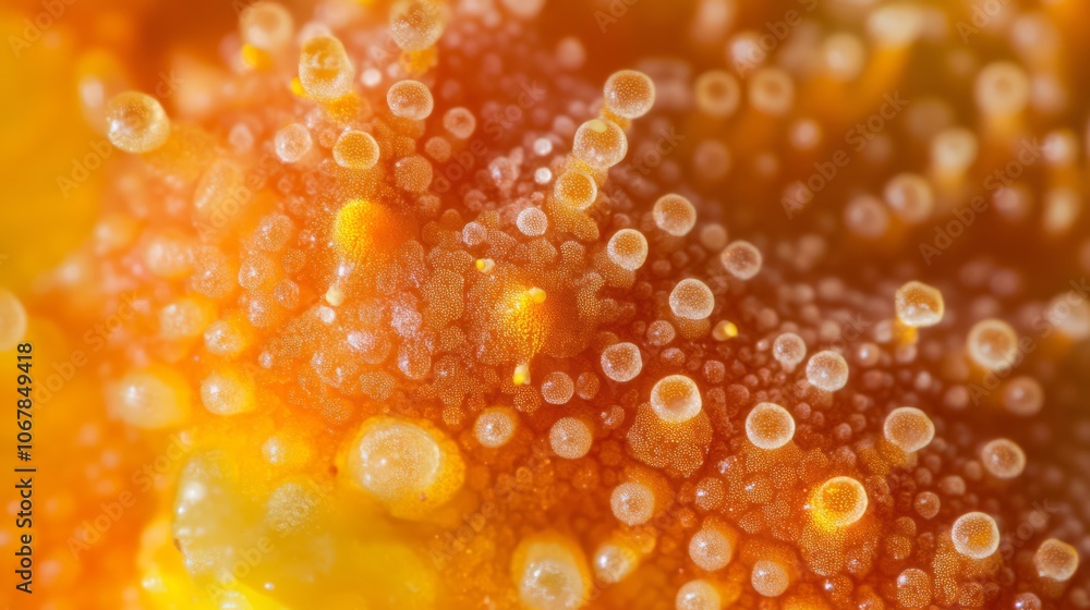 Poster close-up macro shot of a fruit surface with small, round, and bumpy textures in orange and yellow co
