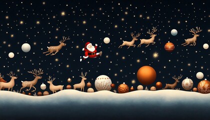 Fototapeta premium Santa Claus and reindeer flying across a starry night sky, Christmas, magical and whimsical pattern