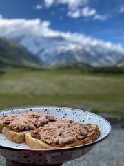 Sandwiches on the white plate with views of snow mountains, blue sky with clouds and grass field at the background 