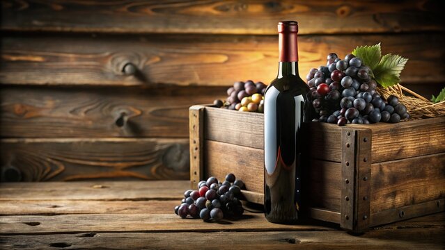 Close-up of a wine label on an old wooden crate, highlighting the winemaker's name and vintage date, rustic packaging, wine production, cellar door