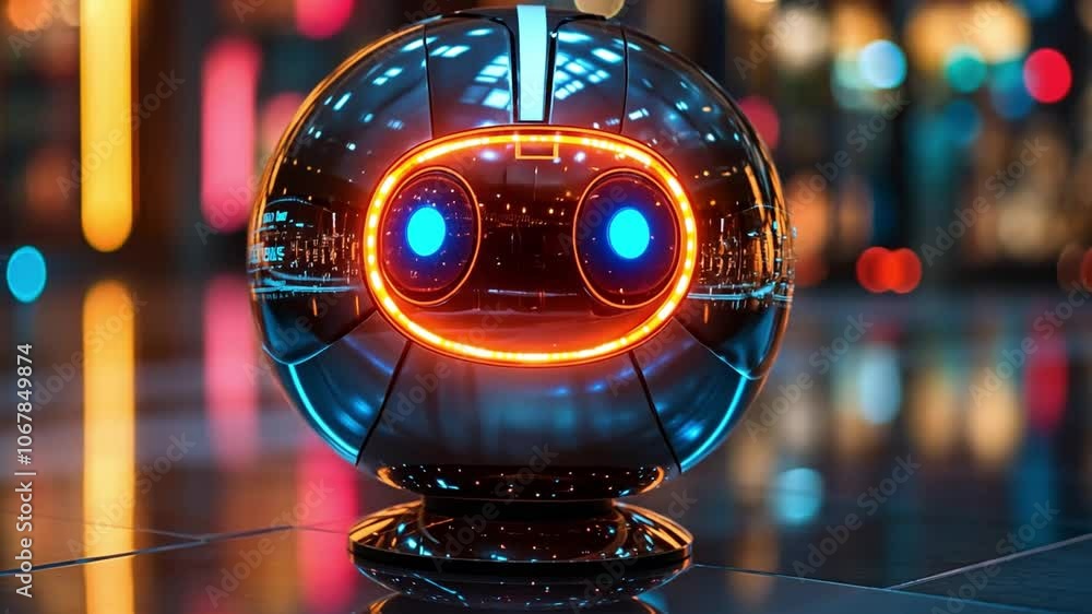 Poster A friendly robot with glowing features on display in a vibrant urban setting at night