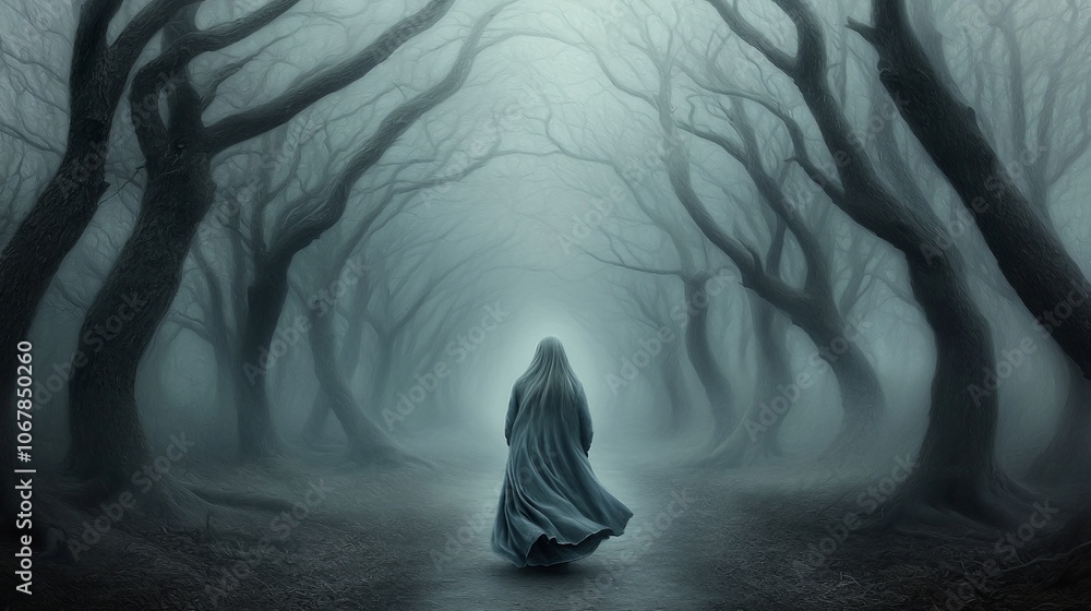 Poster a lone figure walks through a mysterious, foggy forest path, with tall trees creating an archway.