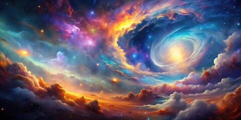 Cosmic space background with vibrant colors and swirling clouds of gas, ionized particles, cosmos