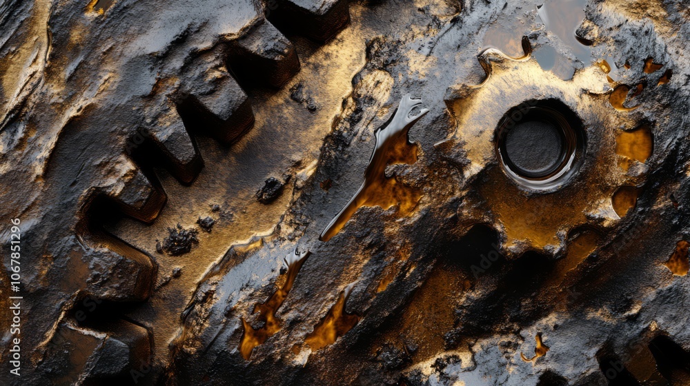 Poster closeup of a rusty gear with a textured surface.