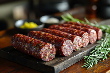 Homemade meat products including sausages and meat rolls, arranged on a rustic wooden board in a cozy kitchen setting, showcasing rich flavors and traditional preparation.
