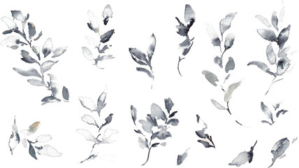 水彩画。水彩タッチの手描きの草木。ホテルライクイメージのモノクロ草木イラスト。グレージュの葉っぱイラスト。ハーブ。高級感。Watercolor painting. Hand painted plants and trees with watercolor touch. Monochrome grass and trees illustration with hotel-like image. Gl