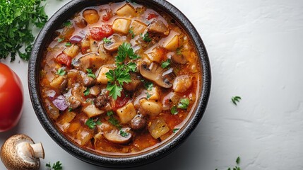 Hearty Mushroom Soup in a Rustic Bowl. Generative AI