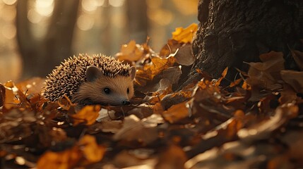 Fototapeta premium Cute hedgehog resting on a pile of leaves in a wooded area, its small eyes bright and curious, blending with its natural surroundings
