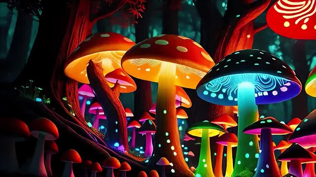 Mushroom in the forest colorful vibrant glowing psychedelic morphing style animation