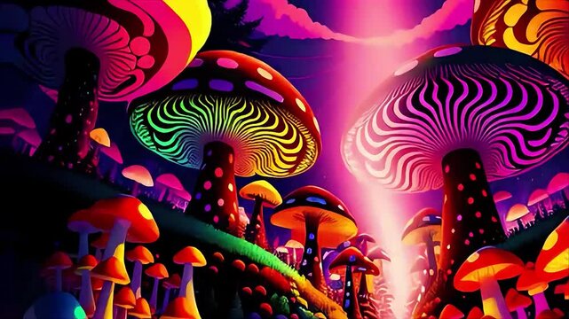 Mushroom Colorful vibrant glowing psychedelic trippy red orange landscape morphing