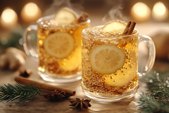 Warm honey sbiten and ginger lemonade in glass mugs with winter spices like cinnamon and cloves, creating a cozy, rustic atmosphere with steam rising.
