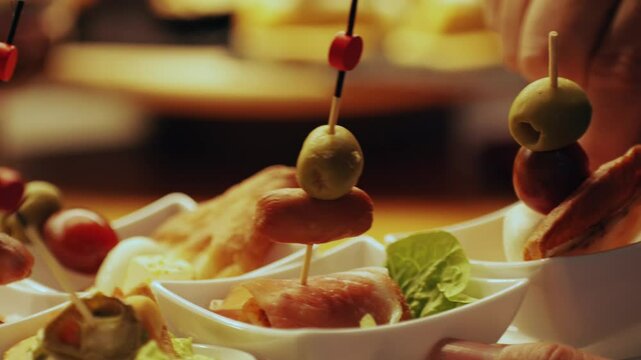 Italian or Spanish restaurant with traditional tapas pinchos food, Spanish cuisine, delicious tapas and cheese plate, bruschetta with cheese, olives dry tomatoes tasty sandwich bar appetizer, buffet
