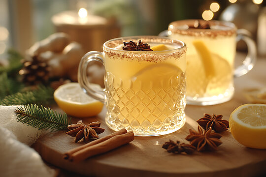 Warm honey sbiten and ginger lemonade in glass mugs with winter spices like cinnamon and cloves, creating a cozy, rustic atmosphere with steam rising.
