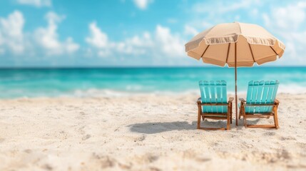 Obraz premium Beach Chairs Under Umbrella with Ocean and Blue Sky Background