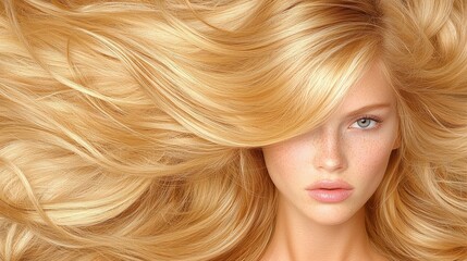 Naklejka premium Beautiful Blonde Woman with Wavy Long Hair Hair Salon Beauty Model