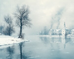 Snowy landscape with a church and lake. This photograph is perfect for websites, social media posts, or other projects that need a wintery, peaceful feel.