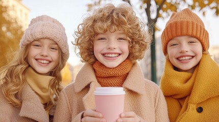 Happy Friends in Winter Clothes Smiling with Coffee Outdoors