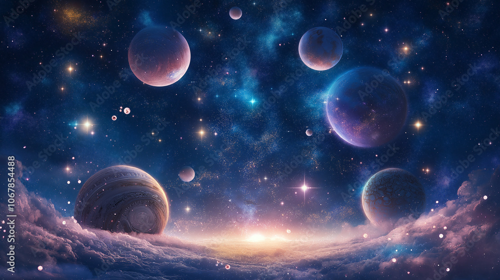 Poster a vibrant game scene poster set in the vastness of space, showcasing a multitude of planets, each un