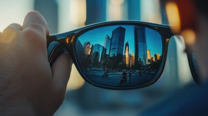 Focused image of a man's hand holding the scooter handle, with the city reflected in his sunglasses visible in the background