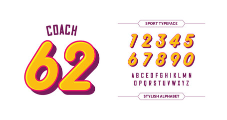 Coach 62: Vibrant orange numbers with a purple outline and crisp white A-Z characters on a sleek black background. A stylish, standout choice for a hip, athletic look. Vector illustration.