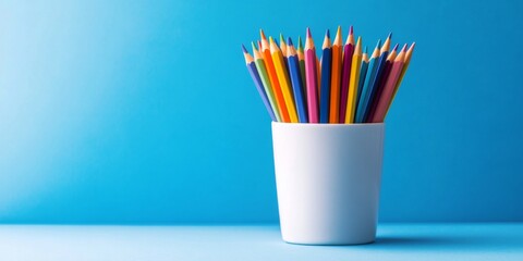 Obraz premium A desk tidy with colored pencils on blue background