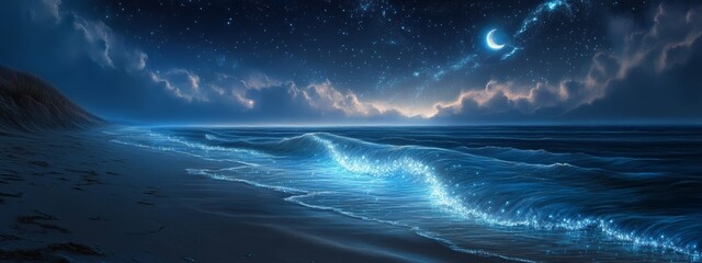 Fototapeta premium Moonlit Beach with Bioluminescent Waves