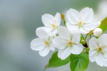 Macro shot of white cherry blossom with soft focus, blurred background, delicate petals in soft lighting, natural springtime beauty