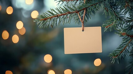 Fir tree branch with a wooden note, with blurred lights in the background, space for text.