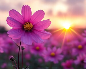 Fototapeta premium Pink cosmos flower in a field at sunset. Ideal for designs about nature, beauty, and new beginnings.
