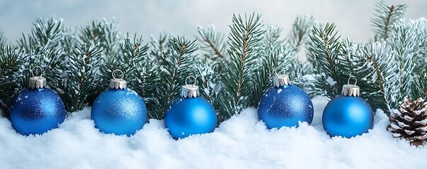 Christmas card featuring blue ornaments and baubles resting on snow with fir branches.