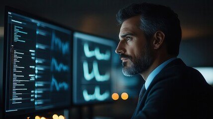 Business leader in dark office with glowing screen, reviewing progress markers with a determined gaze, representing motivation and discipline