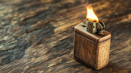 A lit lighter on a wooden surface, showcasing its design and flame.