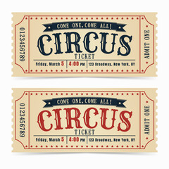 Retro circus tickets in blue, red and beige colours.